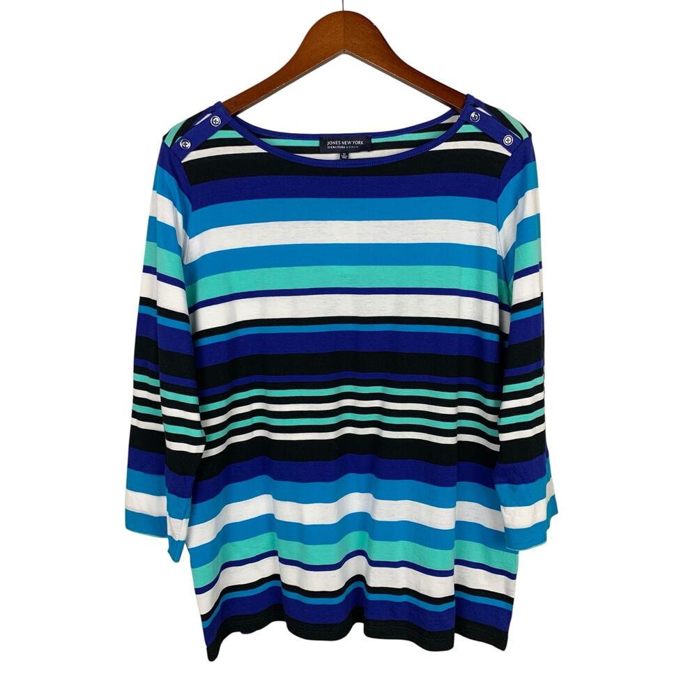 New Jones New York Blue Stripe 3/4 Sleeve Boat Neck Top Cotton Knit Women's 1X